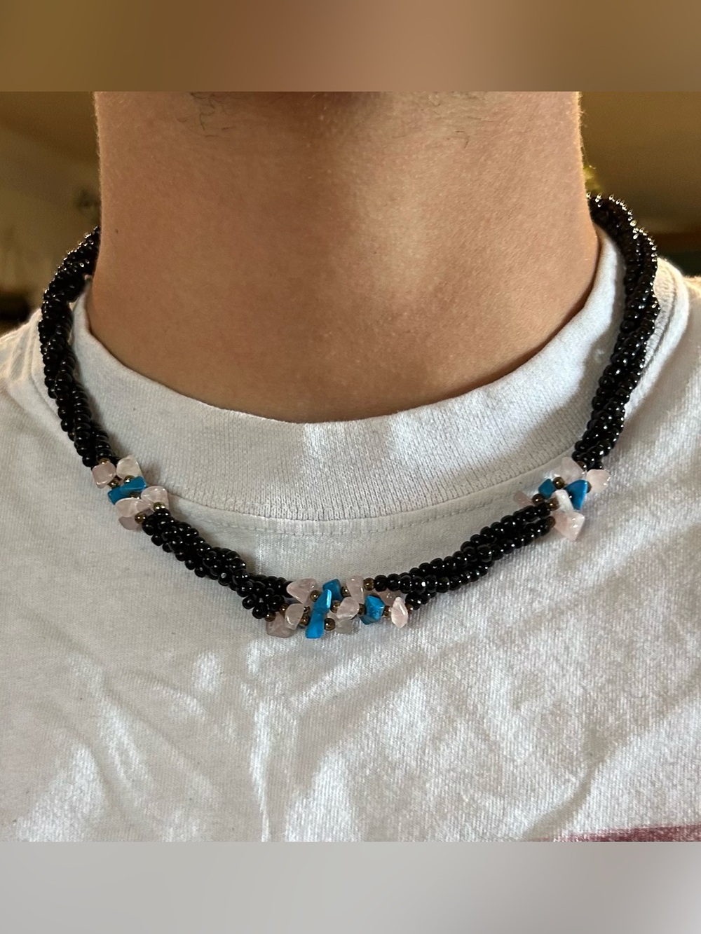 Black Beaded Necklace with Turquoise and Rose Accents